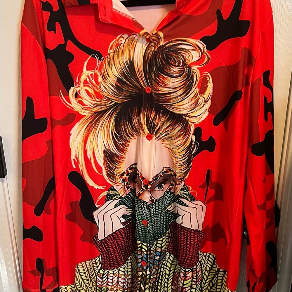 Red Camouflage Graphic Button-up Dress